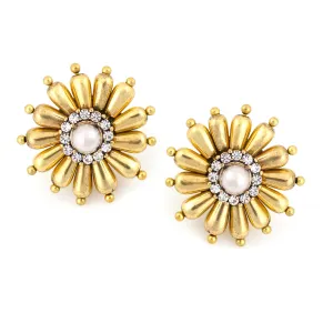 GOLD FLOWER CREAM PEARL CRYSTAL  EARRINGS #242BR3101 (1D16/1C1)