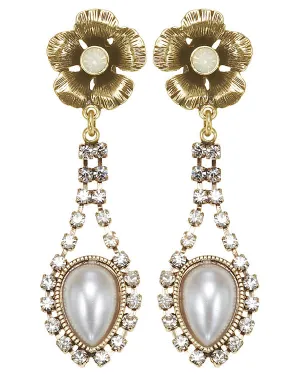 GOLD FLOWER PEARL CRYSTAL DROP  EARRINGS #307GD3301 (5E4/3C1/5F6)