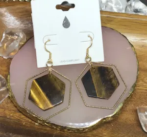 Gold Hexagon w/Natural Stone Earrings