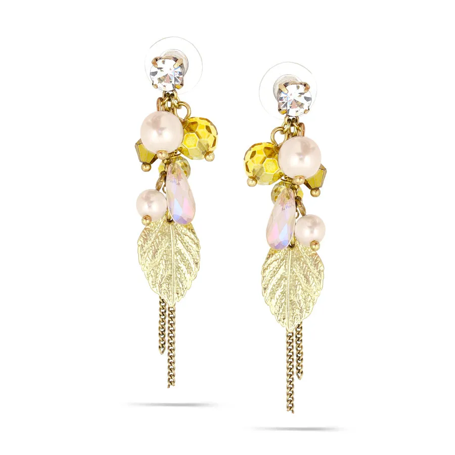 GOLD LEAF PEARL AND CRYSTAL CHARM  EARRINGS #242BR3501 (1D16/1C1)