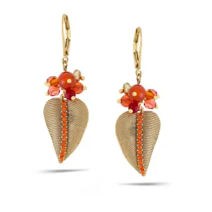 GOLD LEAVES RED CRYSTAL DROP  EARRINGS #194RD3101 (4A4)