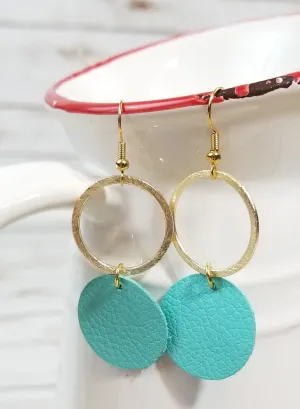 Gold Metal/Bright Teal Circle Leather Earrings