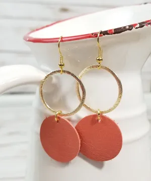 Gold Metal/Salmon Circle Leather Earrings
