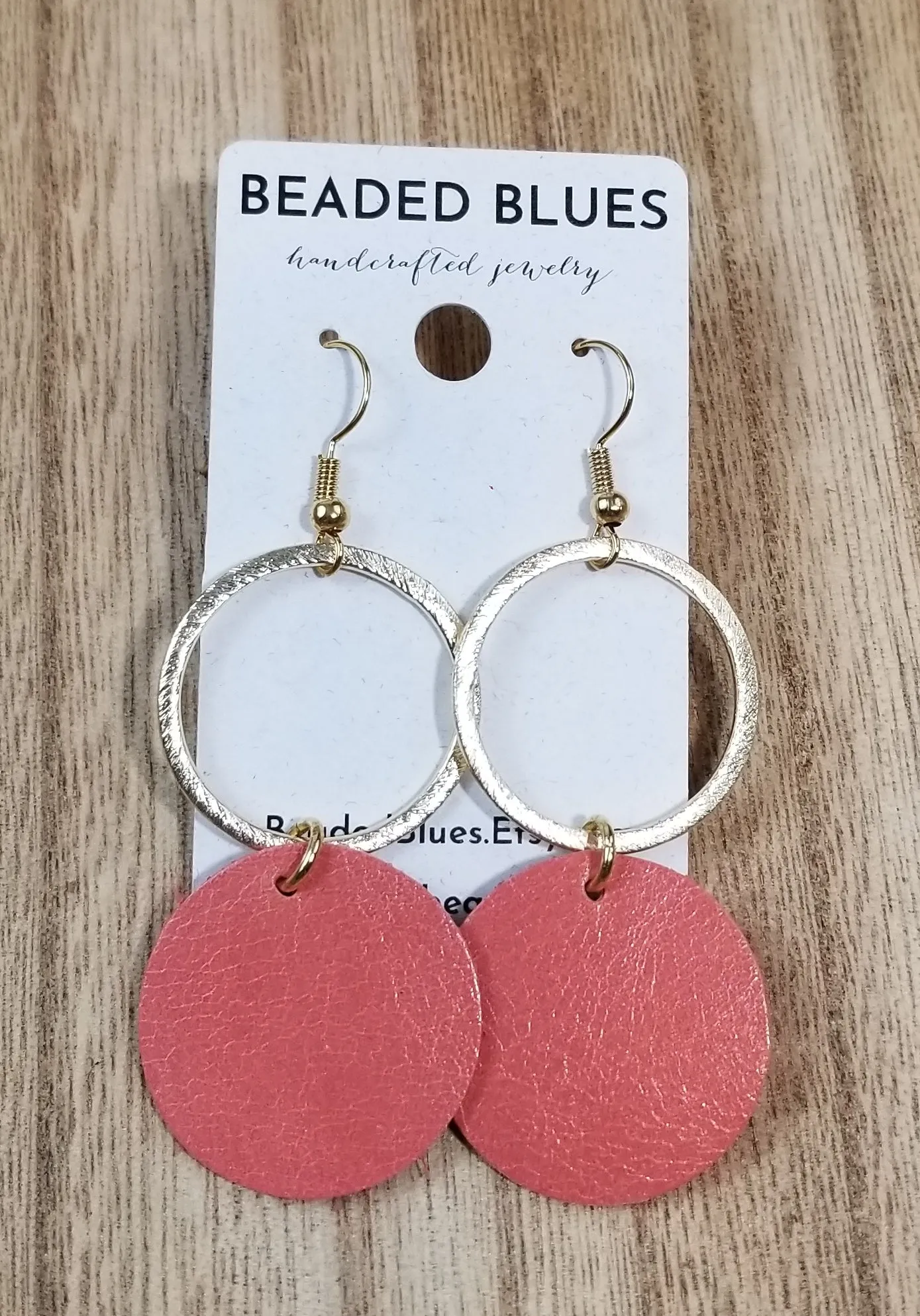 Gold Metal/Salmon Circle Leather Earrings