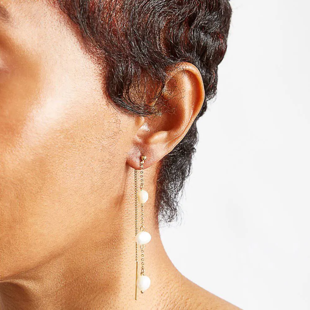 Gold Pearl Chain Drop Earrings
