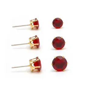 GOLD SIAM CRYSTAL 3 PAIR SET GRADUATED STUD EARRINGS #HNE86567GDSM(SE5)