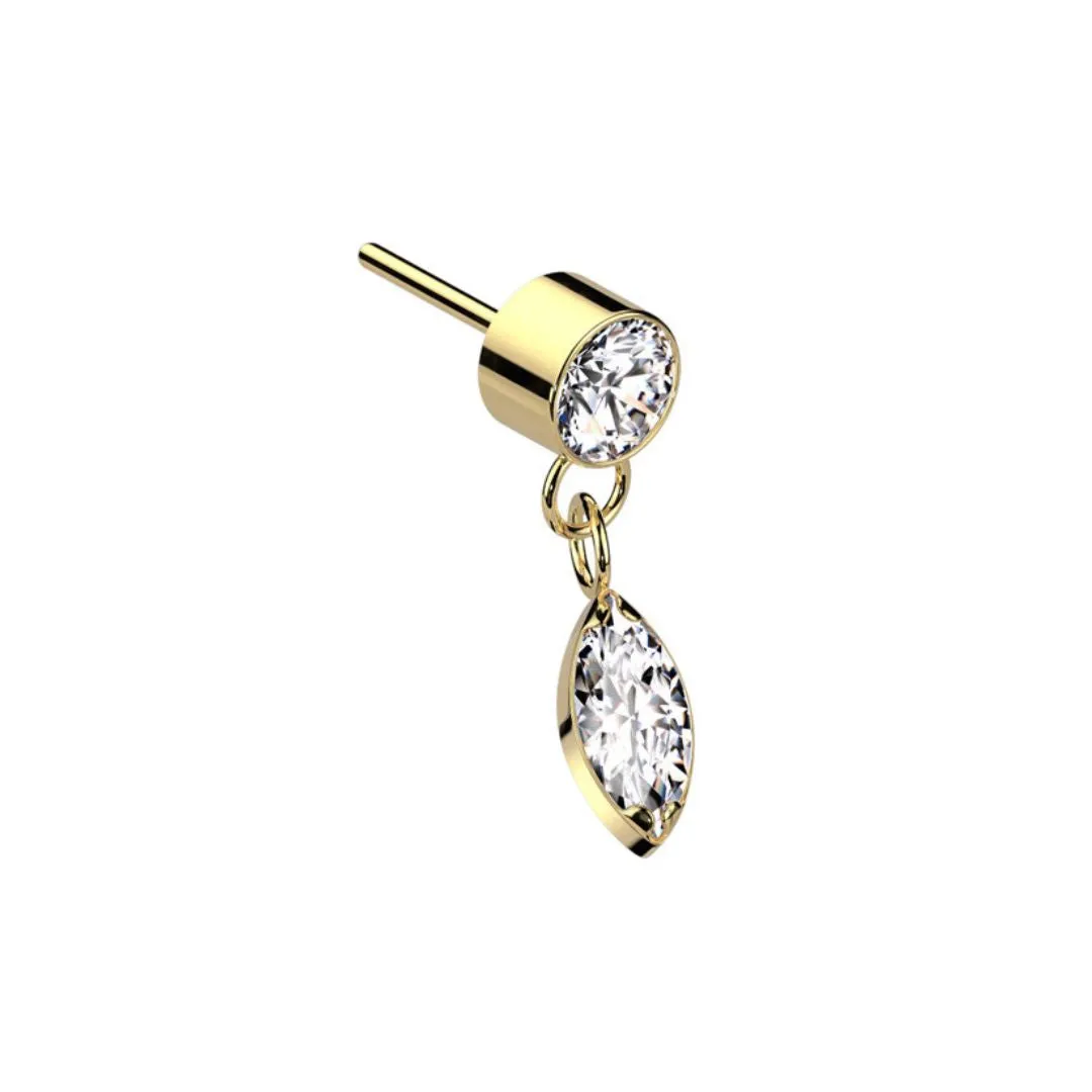 Gold Titanium Threadless CZ Marquis Dangle Flat Back Earring