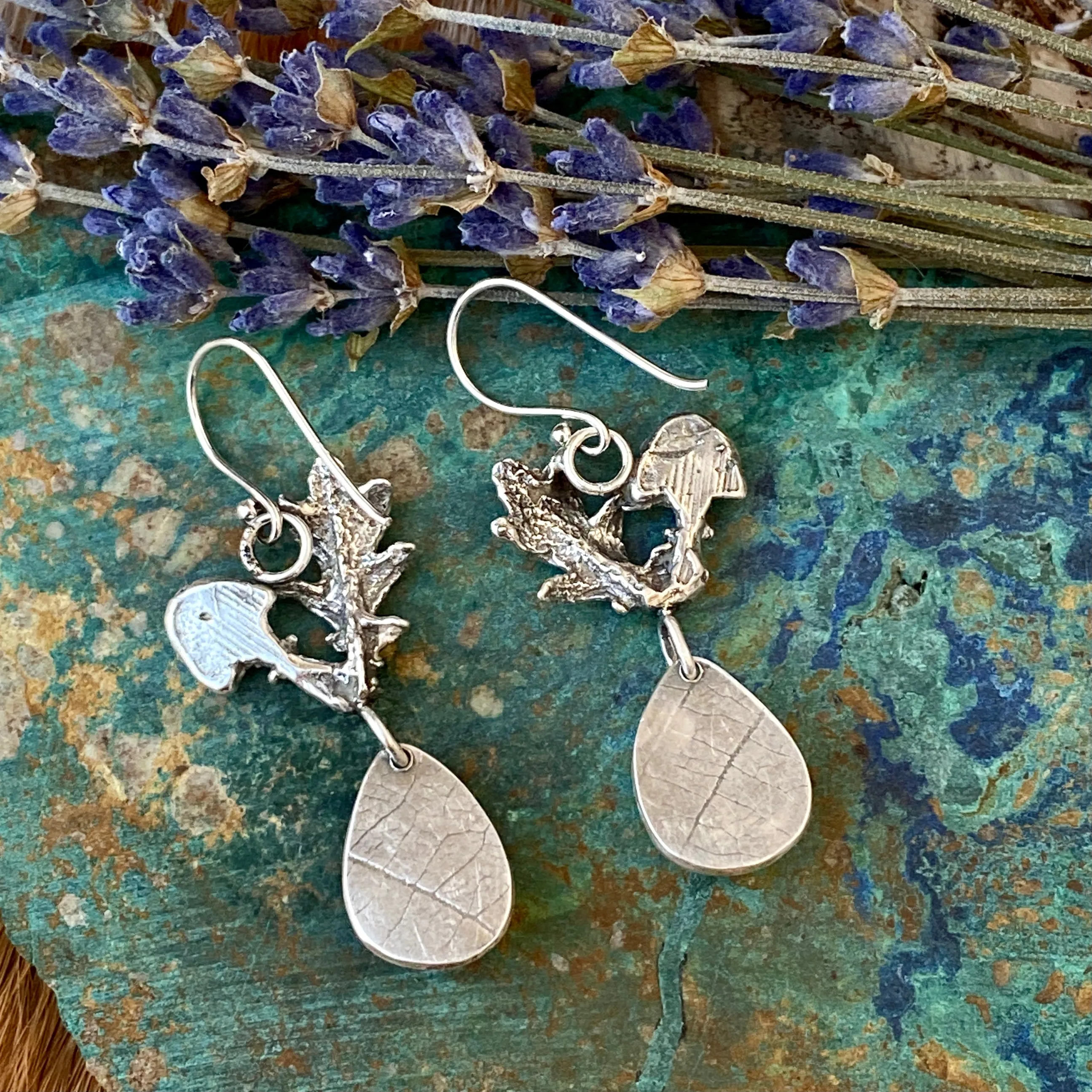Golden Mushroom & Sapphire hand cast Sterling Silver Earrings