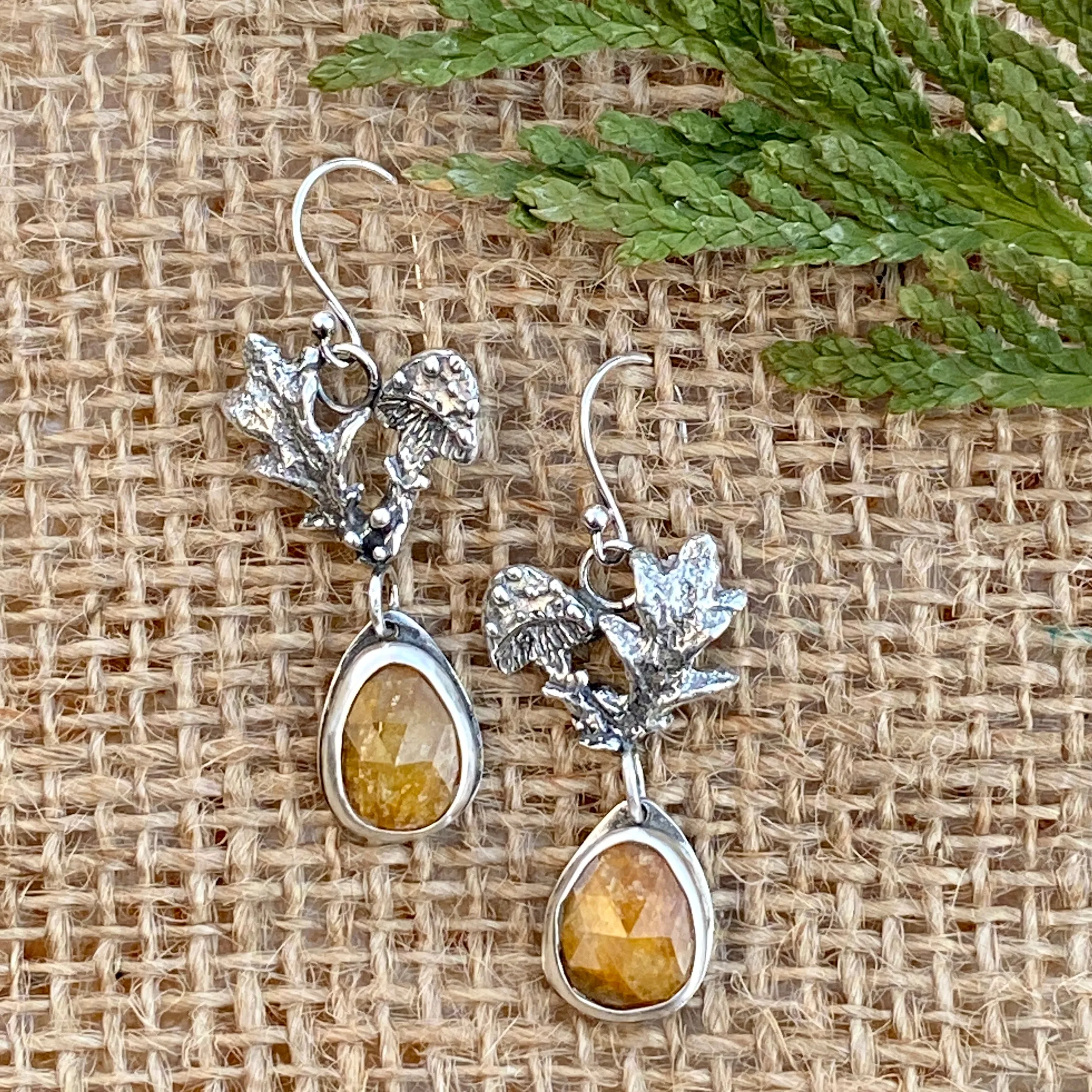 Golden Mushroom & Sapphire hand cast Sterling Silver Earrings