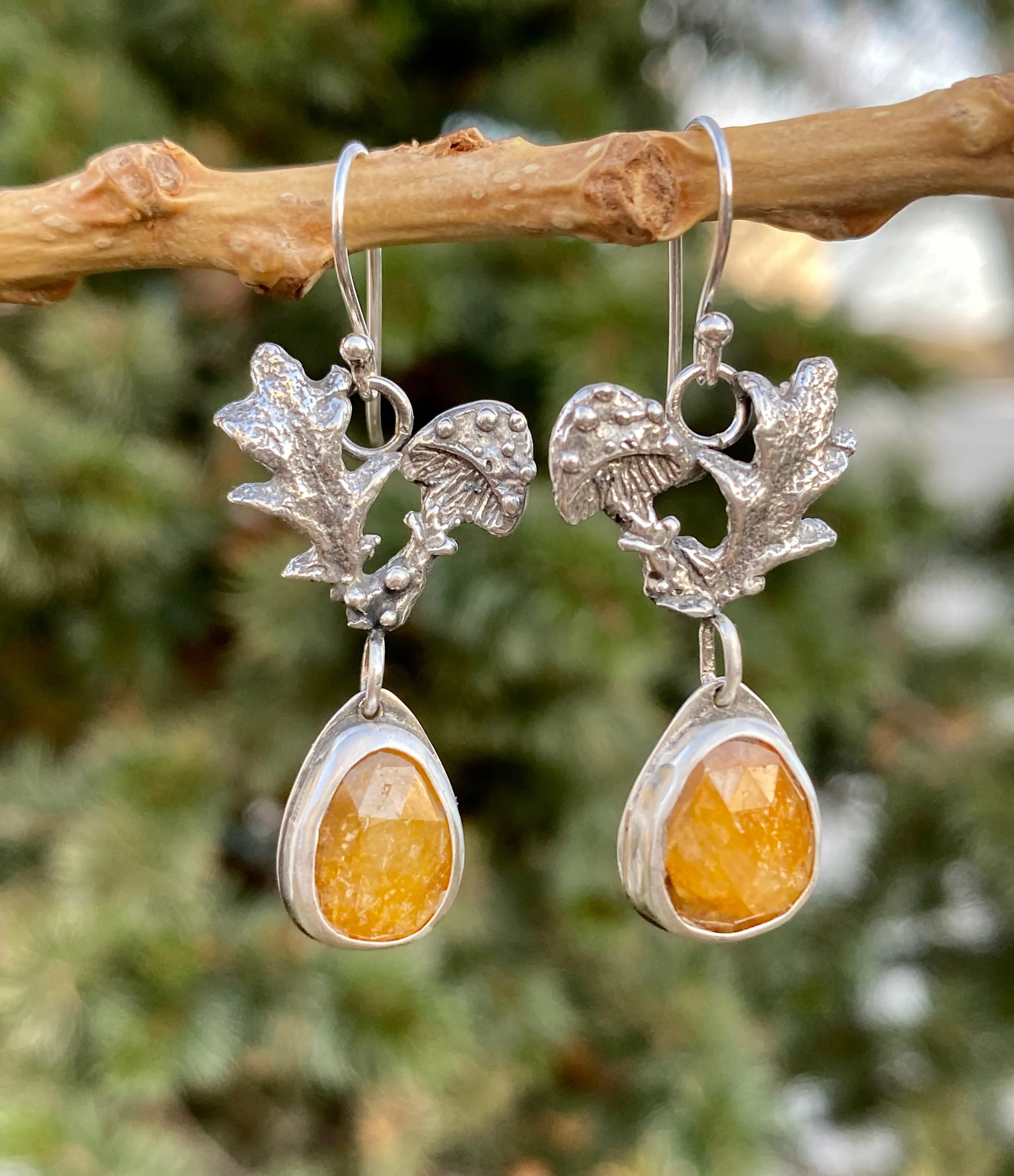 Golden Mushroom & Sapphire hand cast Sterling Silver Earrings