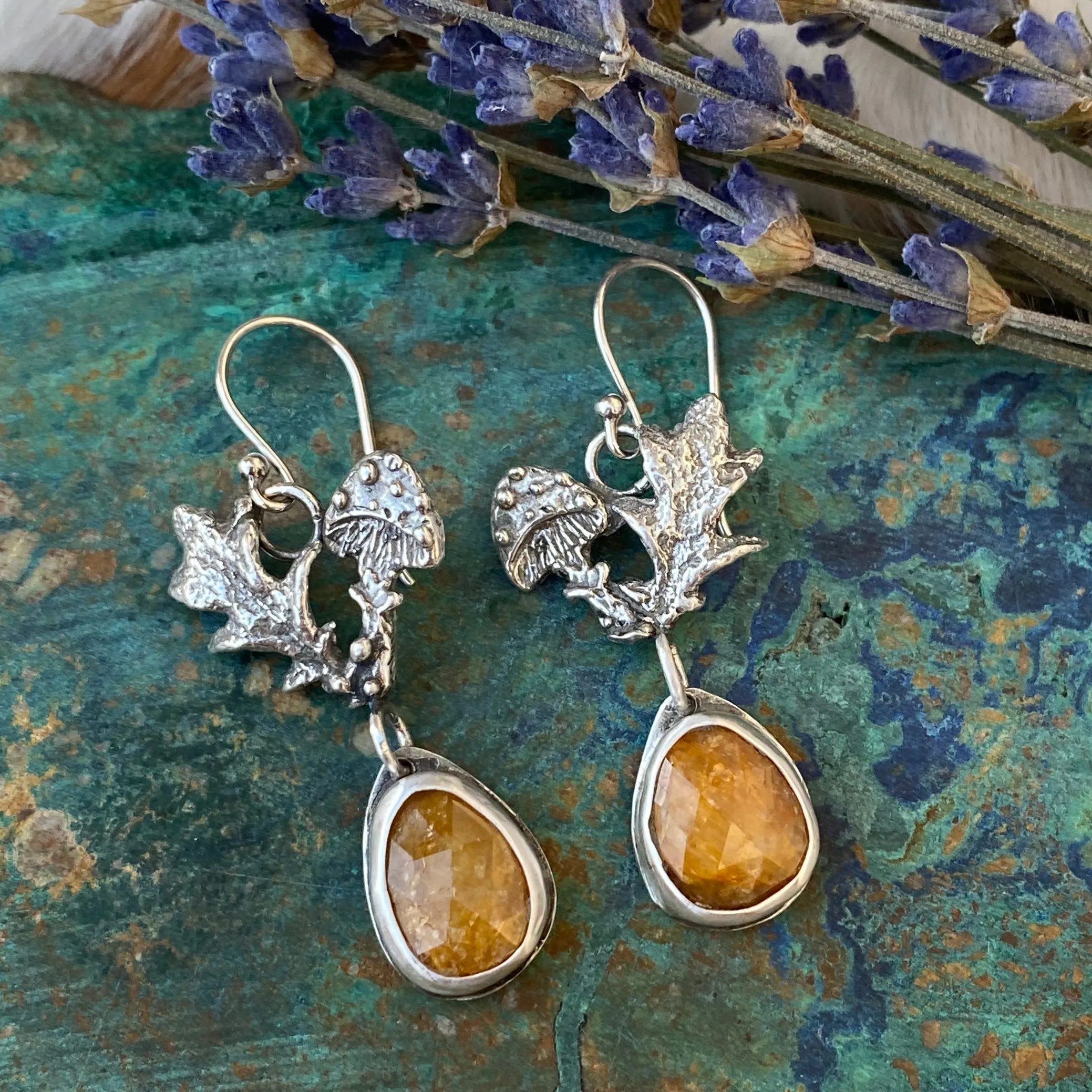 Golden Mushroom & Sapphire hand cast Sterling Silver Earrings