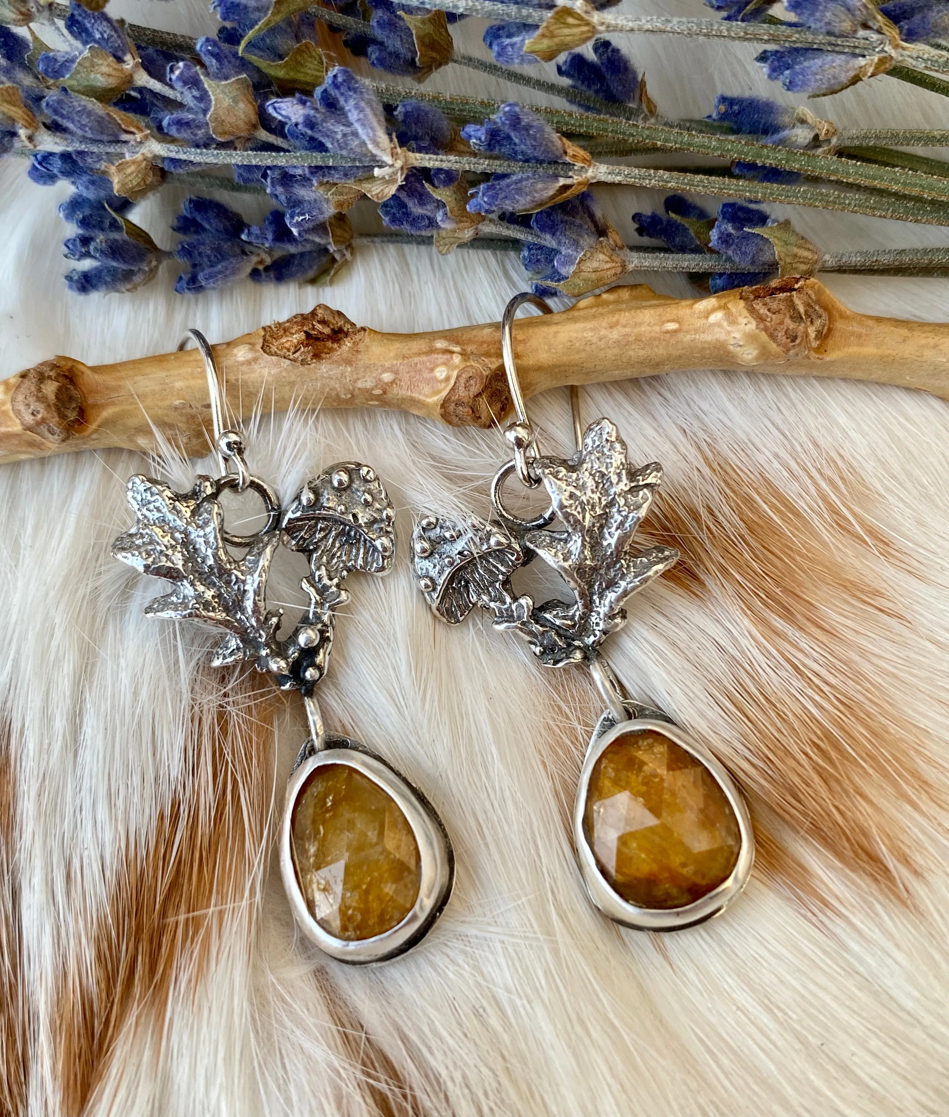 Golden Mushroom & Sapphire hand cast Sterling Silver Earrings