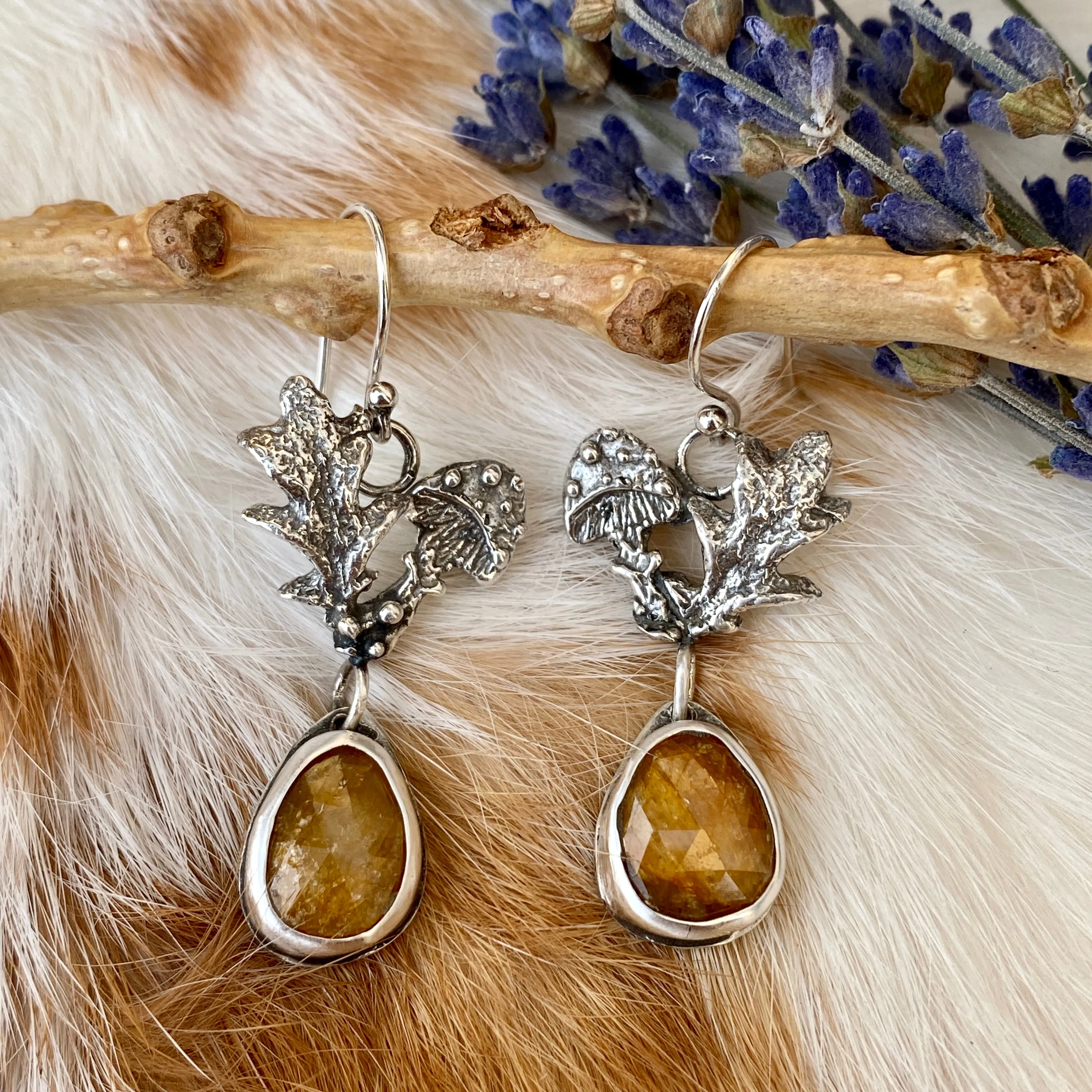 Golden Mushroom & Sapphire hand cast Sterling Silver Earrings