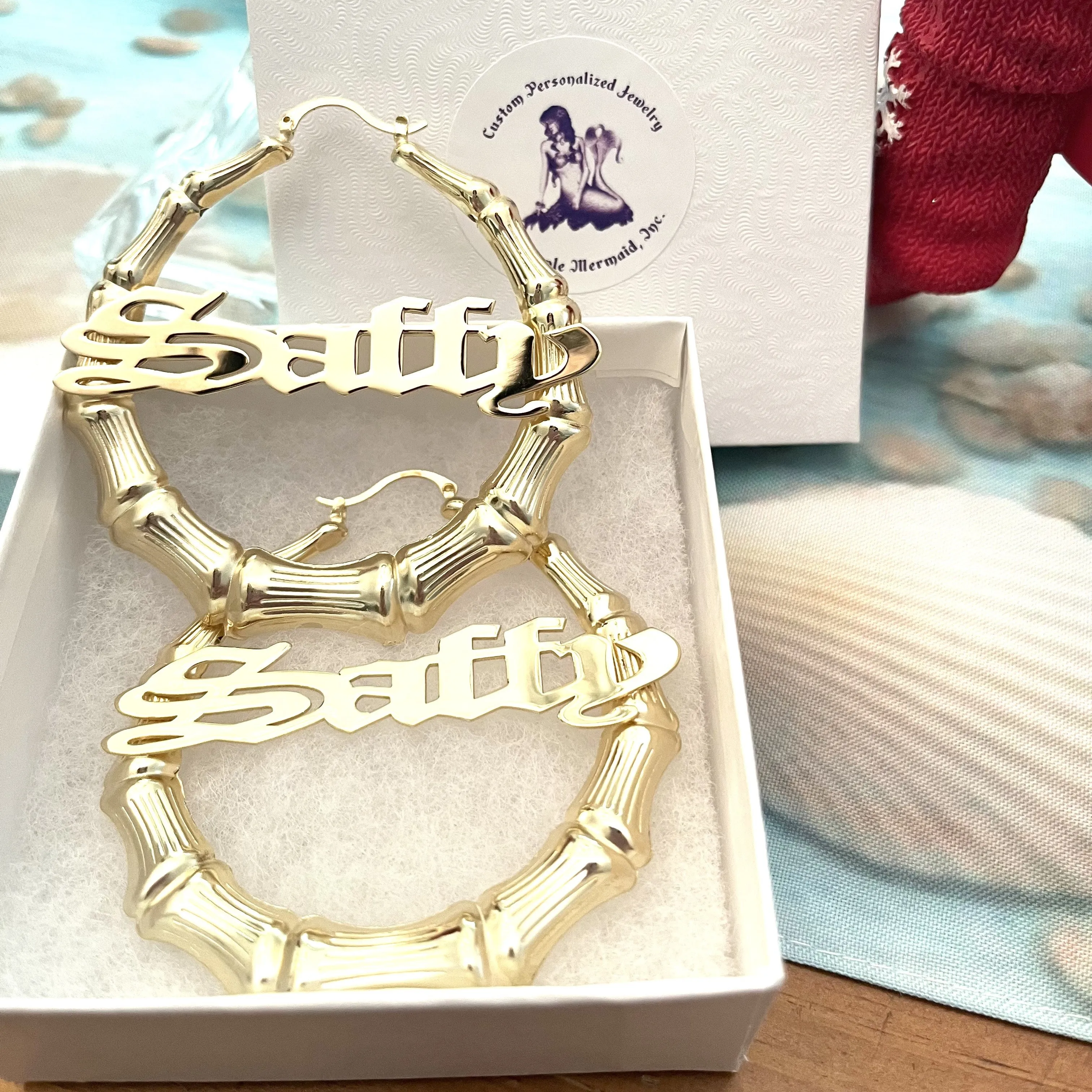Gothic Bamboo Hoop Name Earrings