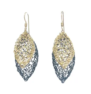 Graduated Oxidized Sterling Silver and Gold Fill Leaves Earrings by MetaLace Jewelry