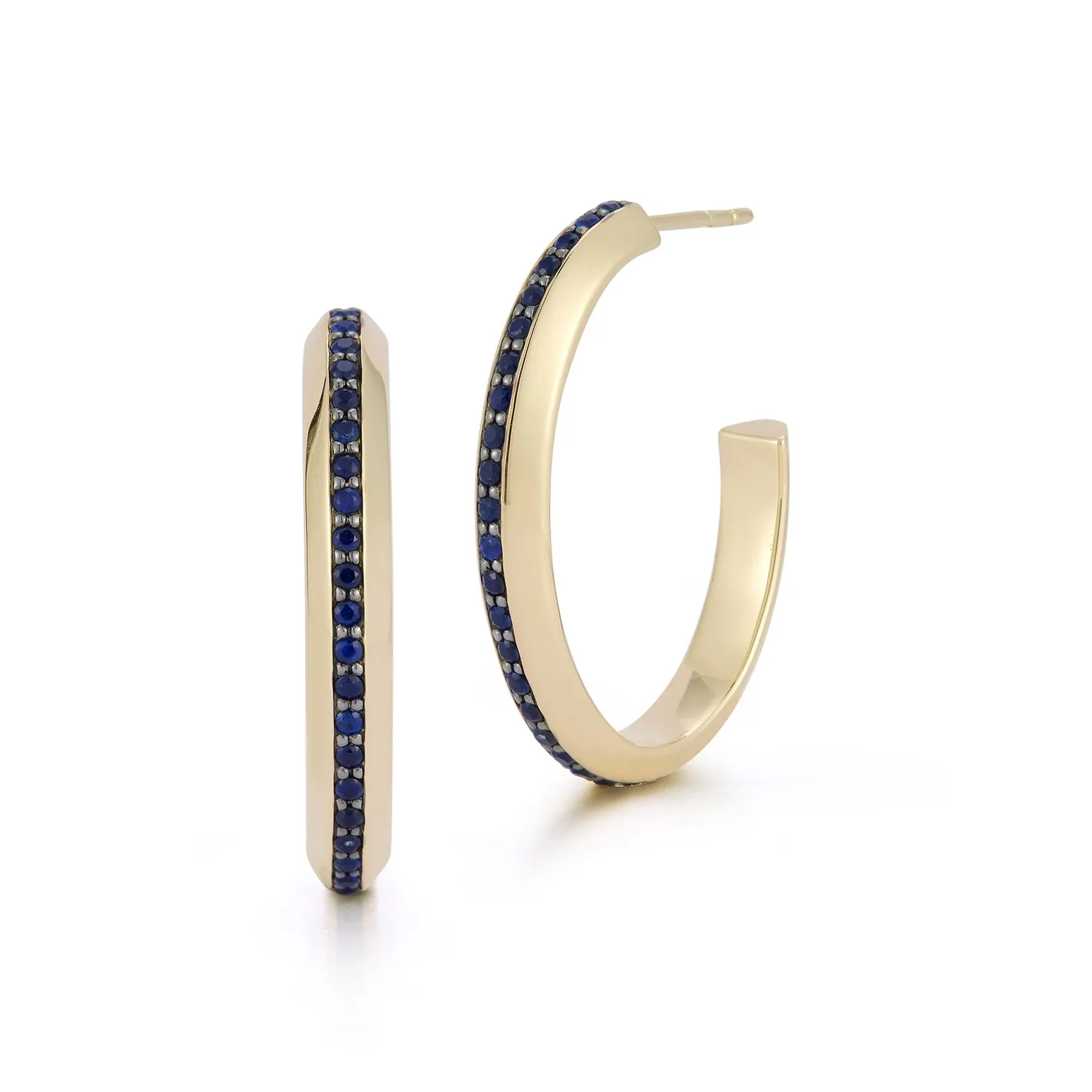 GRANT 18K AND BLUE SAPPHIRE KNIFE EDGE HOOP EARRINGS