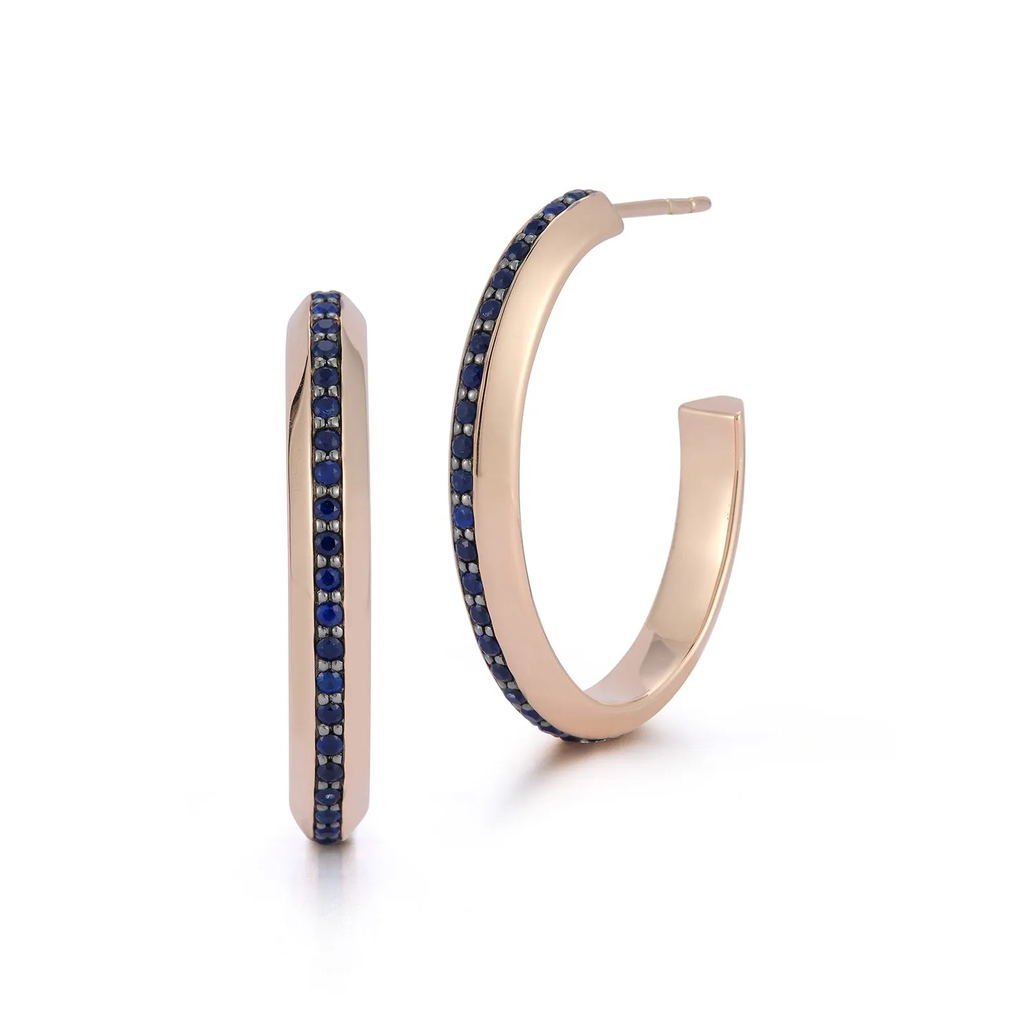 GRANT 18K AND BLUE SAPPHIRE KNIFE EDGE HOOP EARRINGS