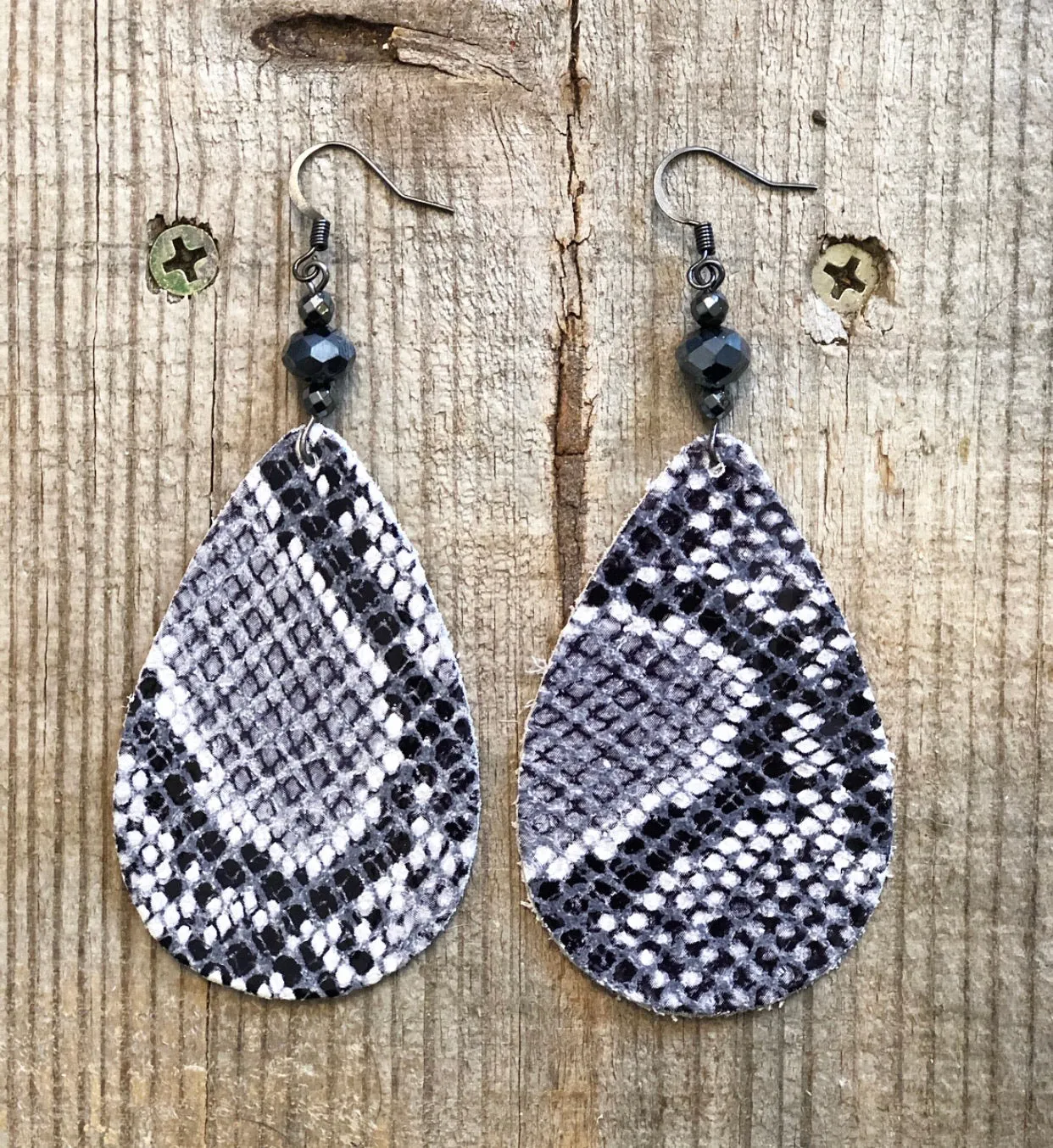 Gray & White Snake Print Leather Earrings
