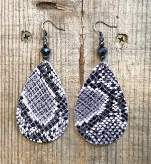 Gray & White Snake Print Leather Earrings