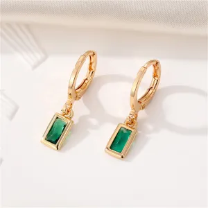 Green Crystal & 18K Gold-Plated Rectangle Huggie Earring