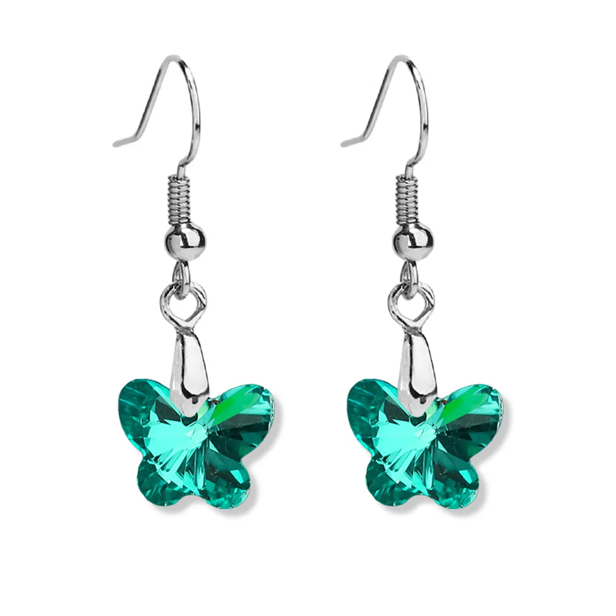 Green Crystal & Silver-Plated Butterfly Drop Earrings