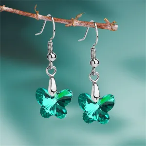 Green Crystal & Silver-Plated Butterfly Drop Earrings