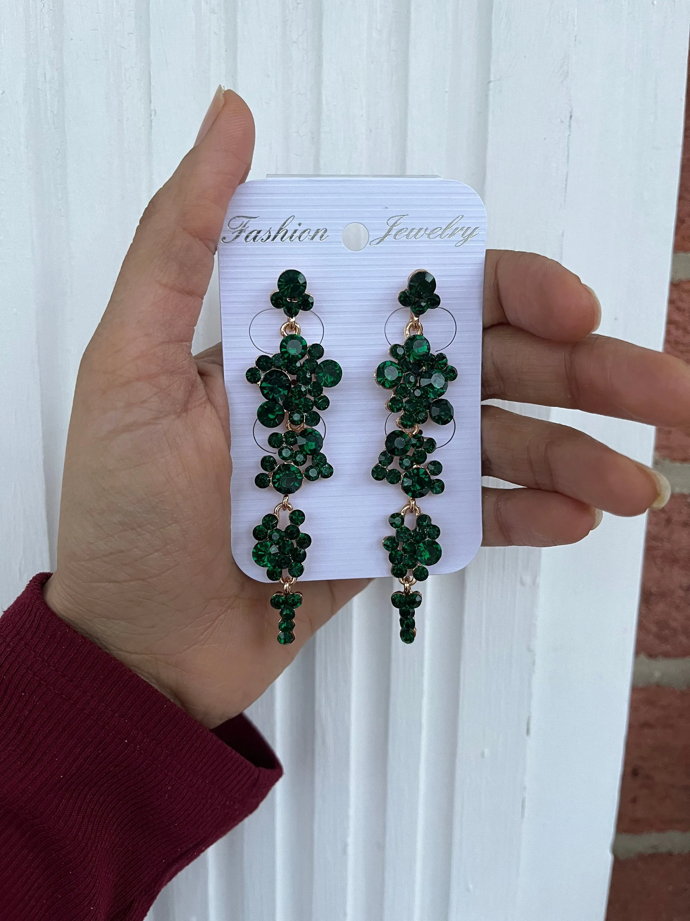 green earrings ,long dark green earrings , green crystal earrings, green chandelier big rhinestone earrings