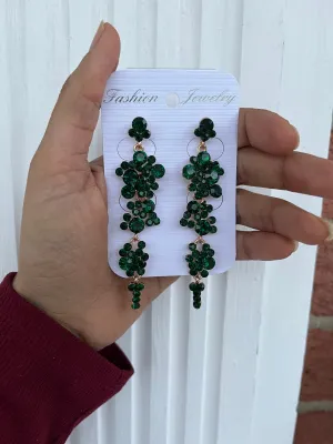 green earrings ,long dark green earrings , green crystal earrings, green chandelier big rhinestone earrings