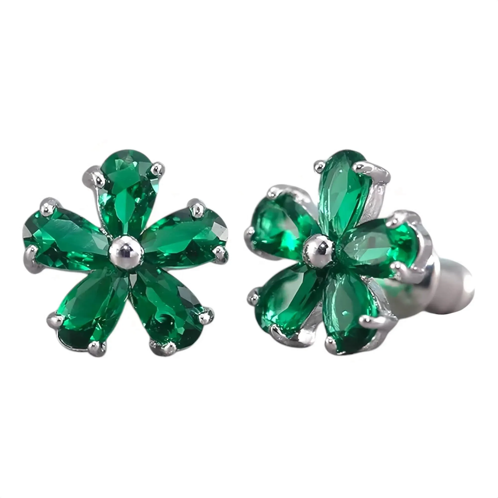 Green Flower Earrings (Silver, Stud)