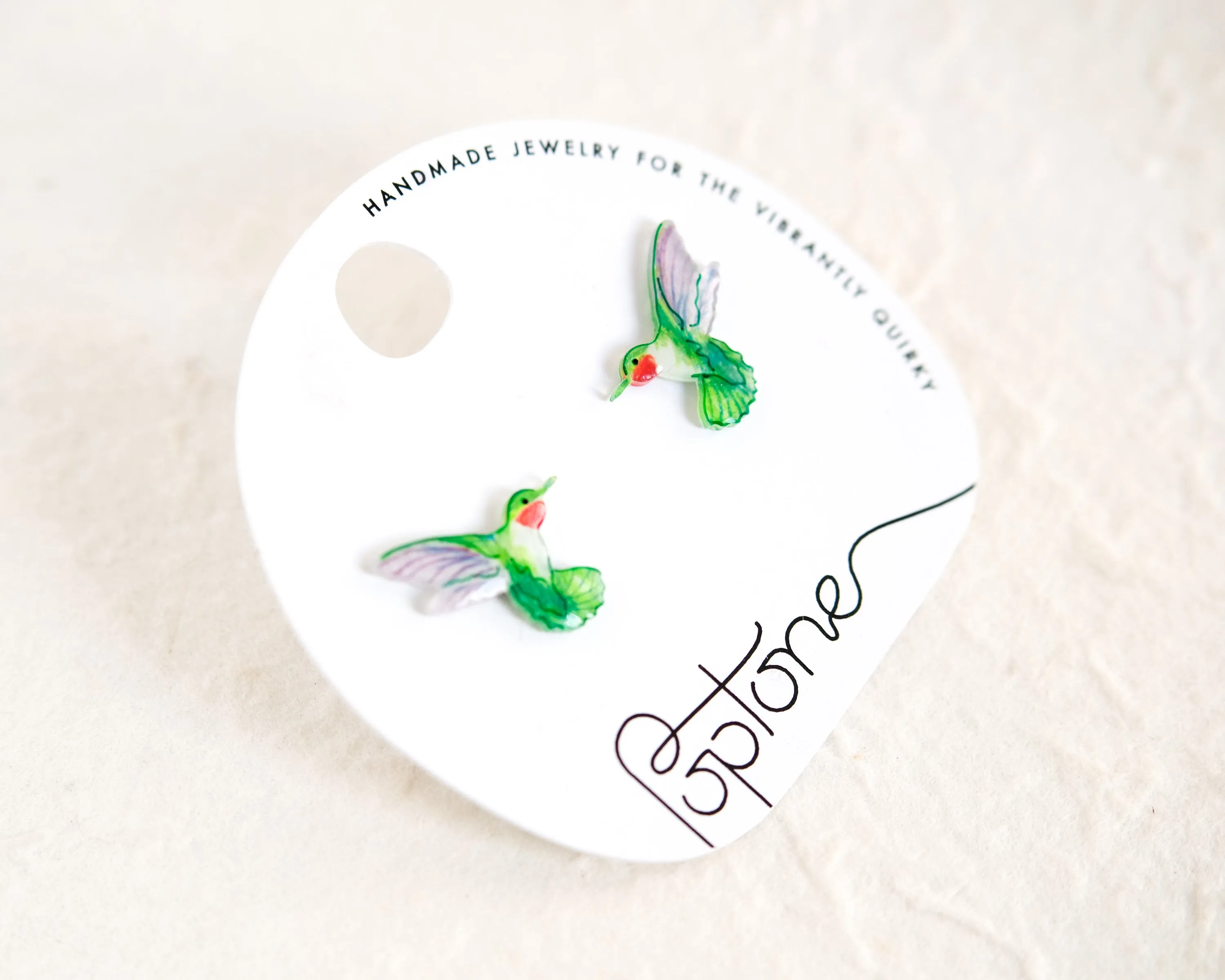 Green Ruby-throated Hummingbird Handmade Stud Earrings