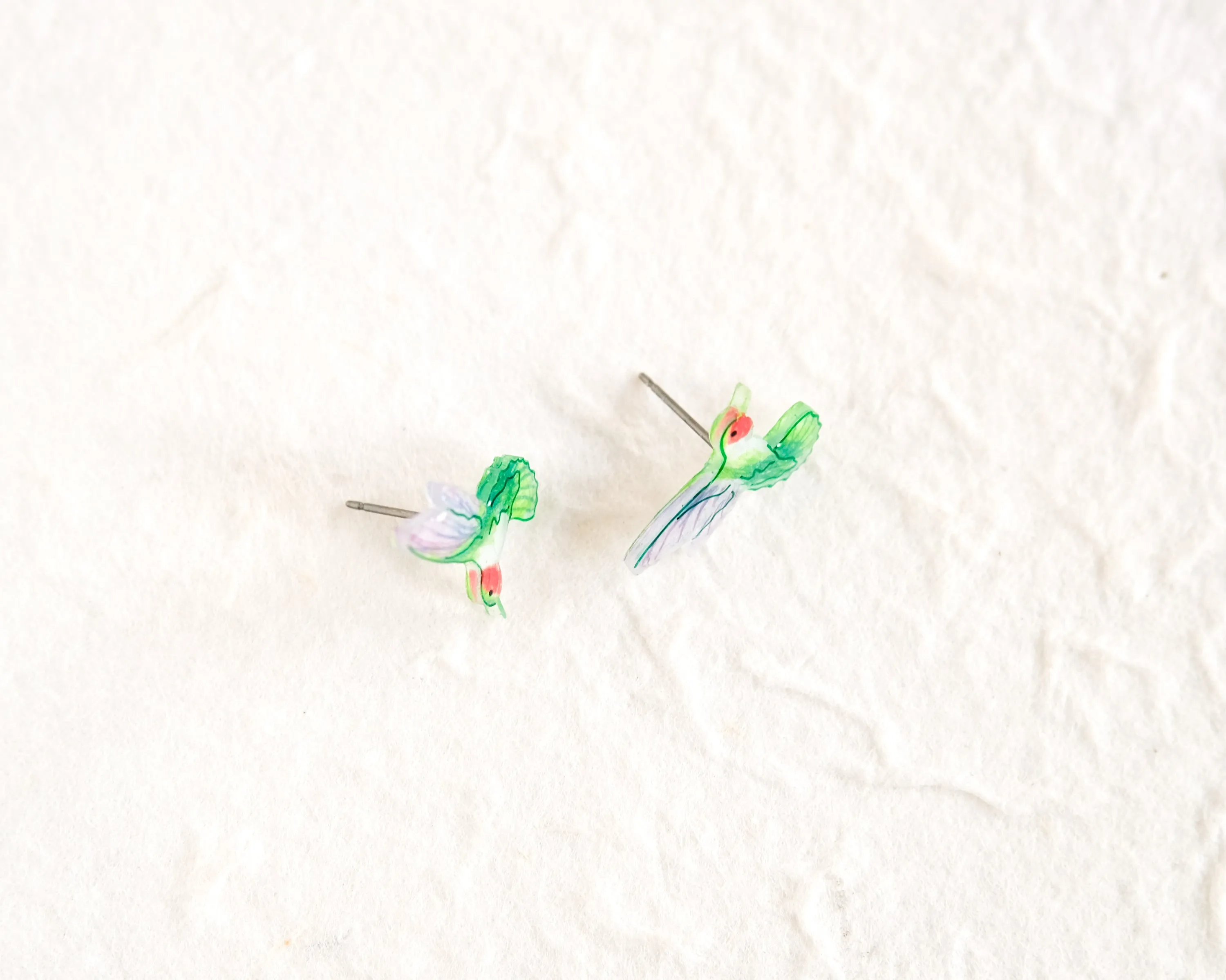 Green Ruby-throated Hummingbird Handmade Stud Earrings