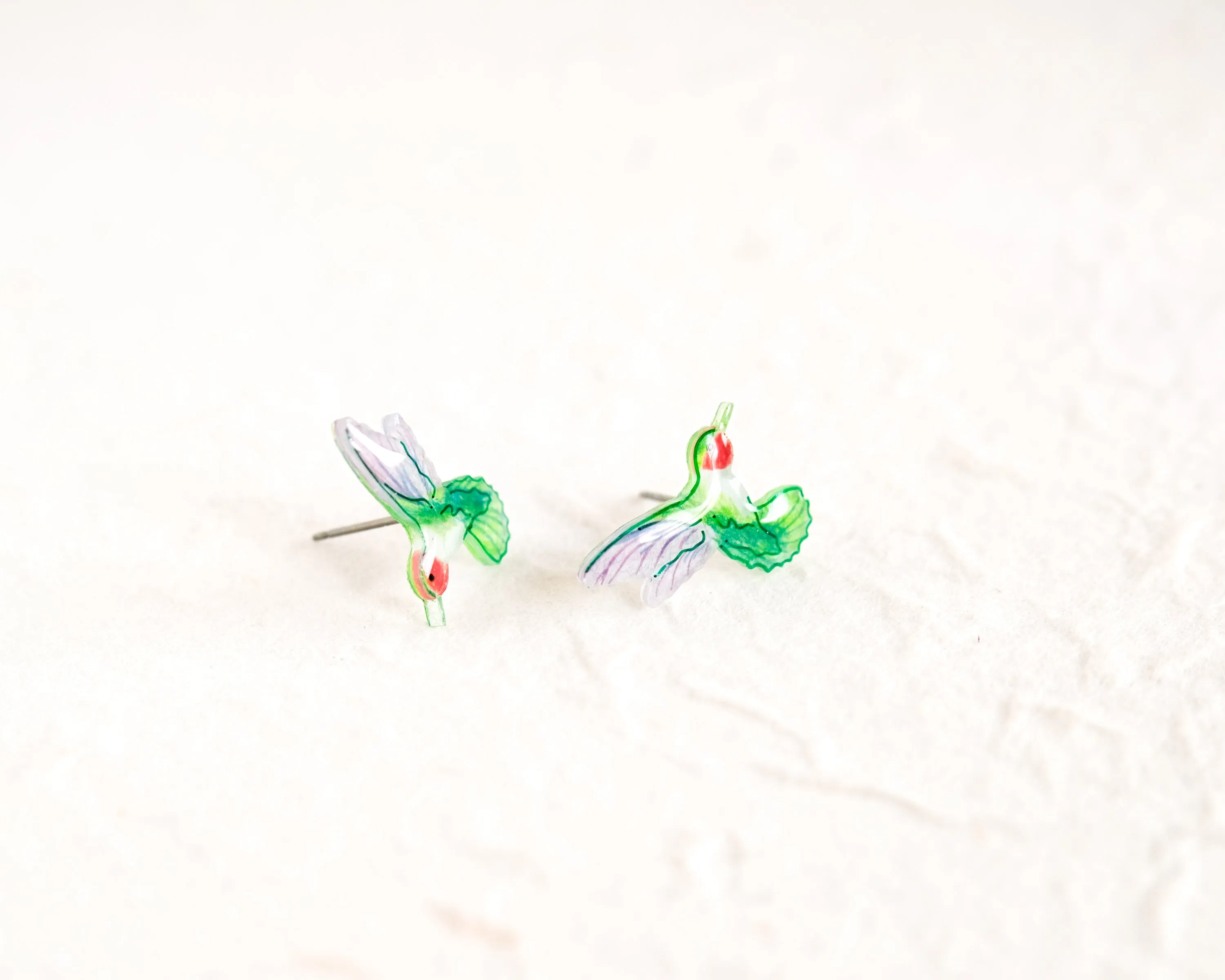 Green Ruby-throated Hummingbird Handmade Stud Earrings