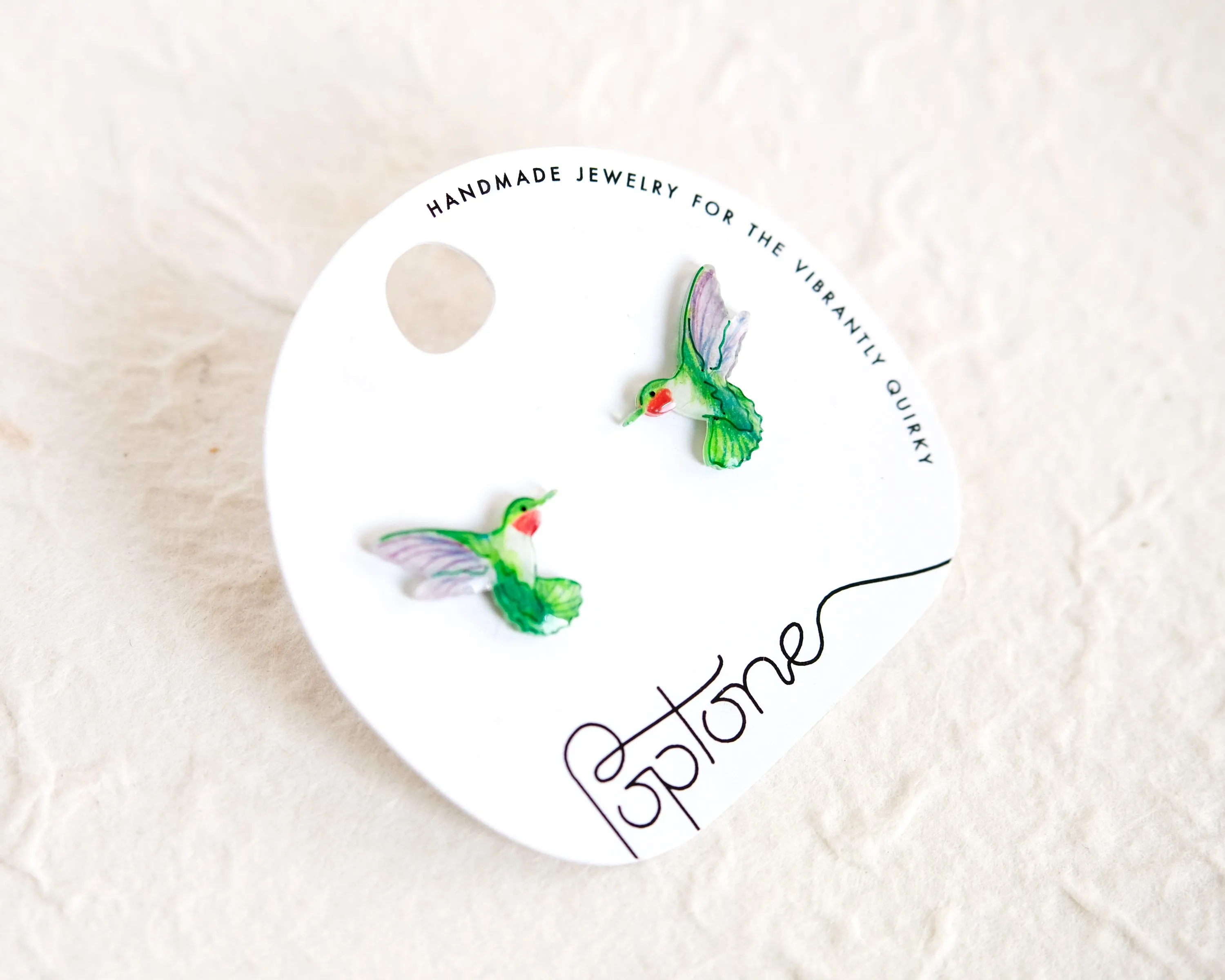 Green Ruby-throated Hummingbird Handmade Stud Earrings