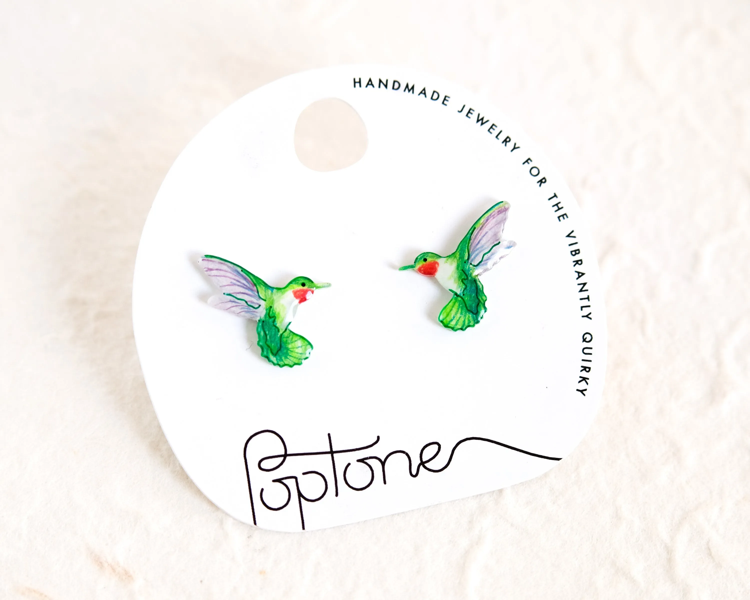 Green Ruby-throated Hummingbird Handmade Stud Earrings