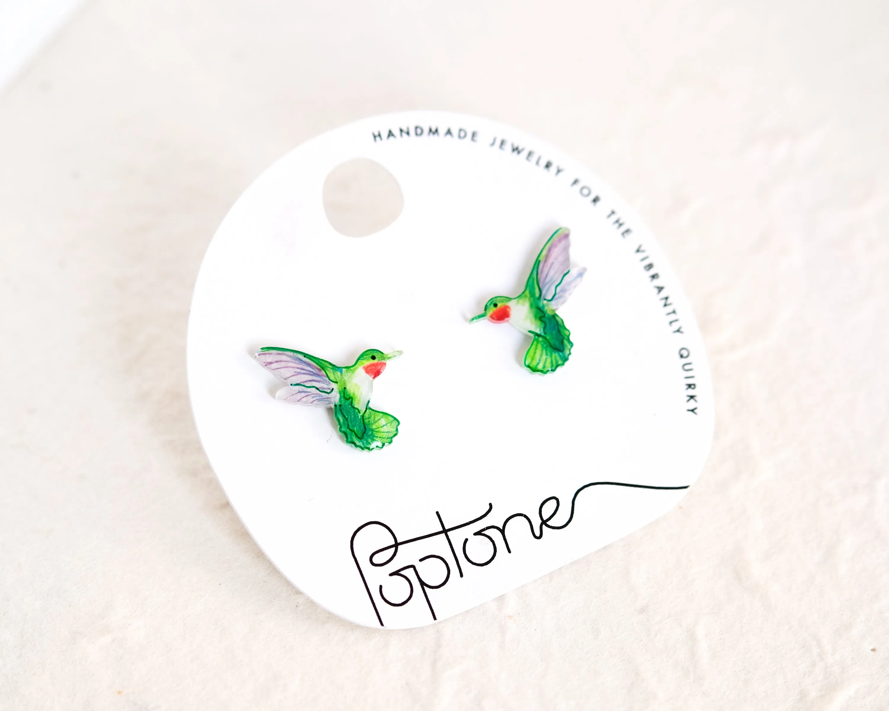 Green Ruby-throated Hummingbird Handmade Stud Earrings