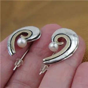 Hadar Designers 9k Yellow Gold 925 Silver White Pearl Earrings Handmade Art(MS)y