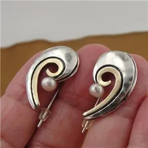 Hadar Designers 9k Yellow Gold 925 Silver White Pearl Earrings Handmade Art(MS)y