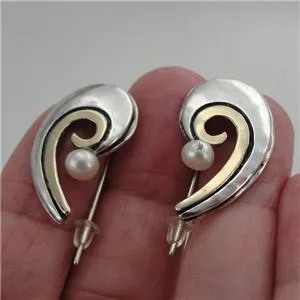 Hadar Designers 9k Yellow Gold 925 Silver White Pearl Earrings Handmade Art(MS)y