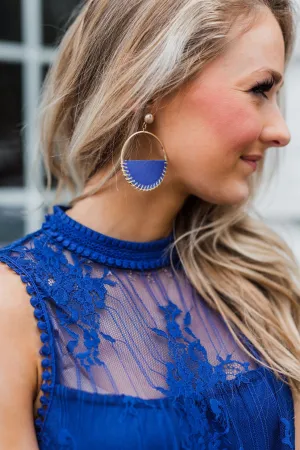 Half Circle Royal Blue Leather Hoop Earrings- Gold