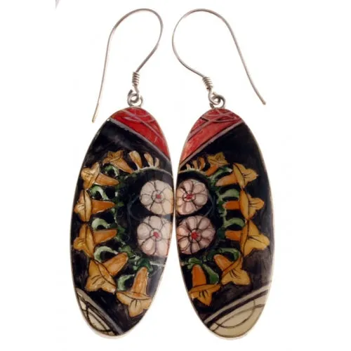 Hand Painted Mother of Pearl Long Oval Dark Silver Earrings