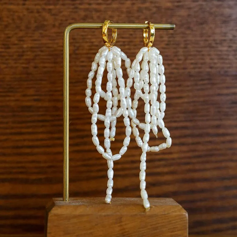Hand-woven Rice Pearl Drop Earrings