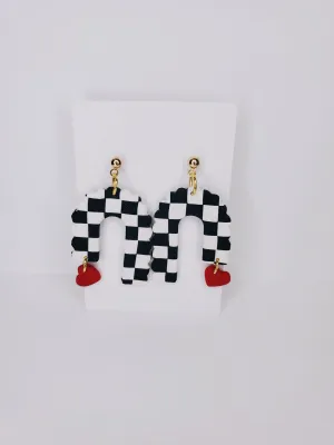 Handmade Scalloped Arch Checkerboard Heart Charm Clay Earrings