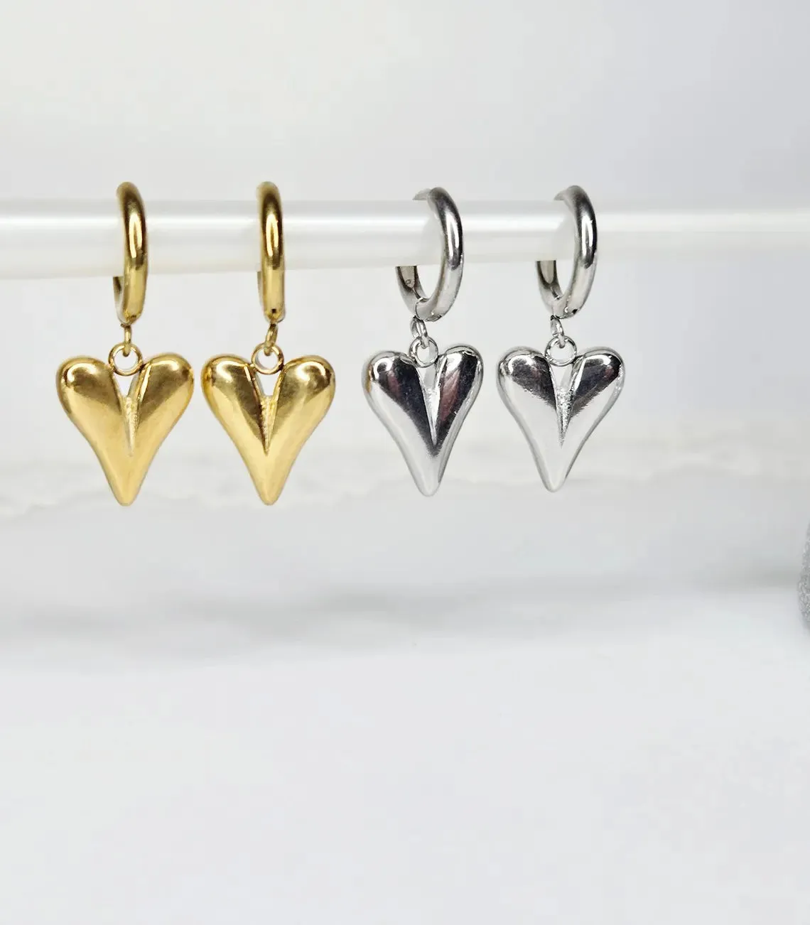 Handmade Stainless Steel Heart Charm Huggie Earrings, Available in Gold or Silver!