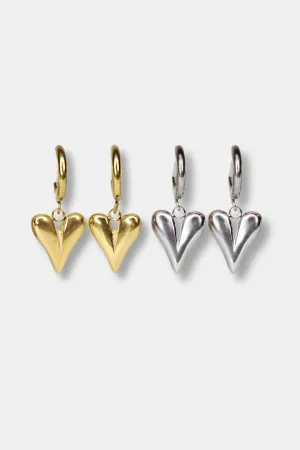 Handmade Stainless Steel Heart Charm Huggie Earrings, Available in Gold or Silver!