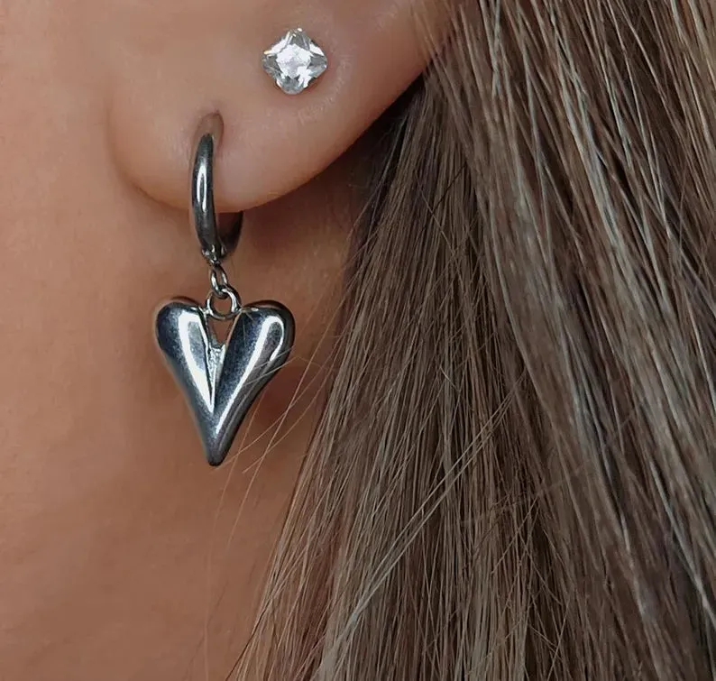 Handmade Stainless Steel Heart Charm Huggie Earrings, Available in Gold or Silver!