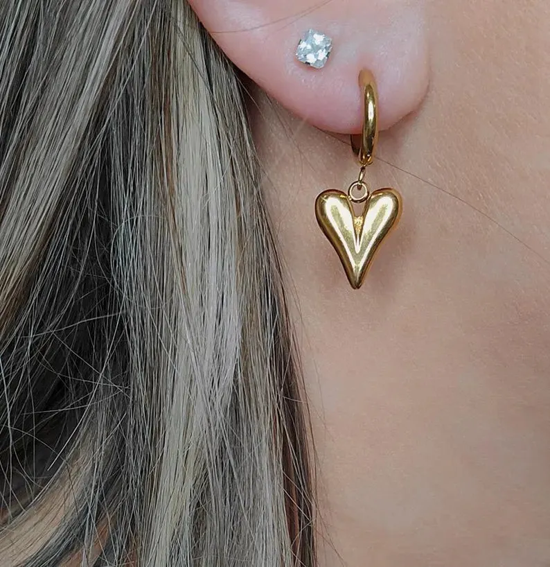 Handmade Stainless Steel Heart Charm Huggie Earrings, Available in Gold or Silver!
