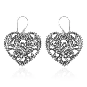 Handmade Sterling Silver Open Scroll and Filigree Work Dangle Heart Earrings From Bali