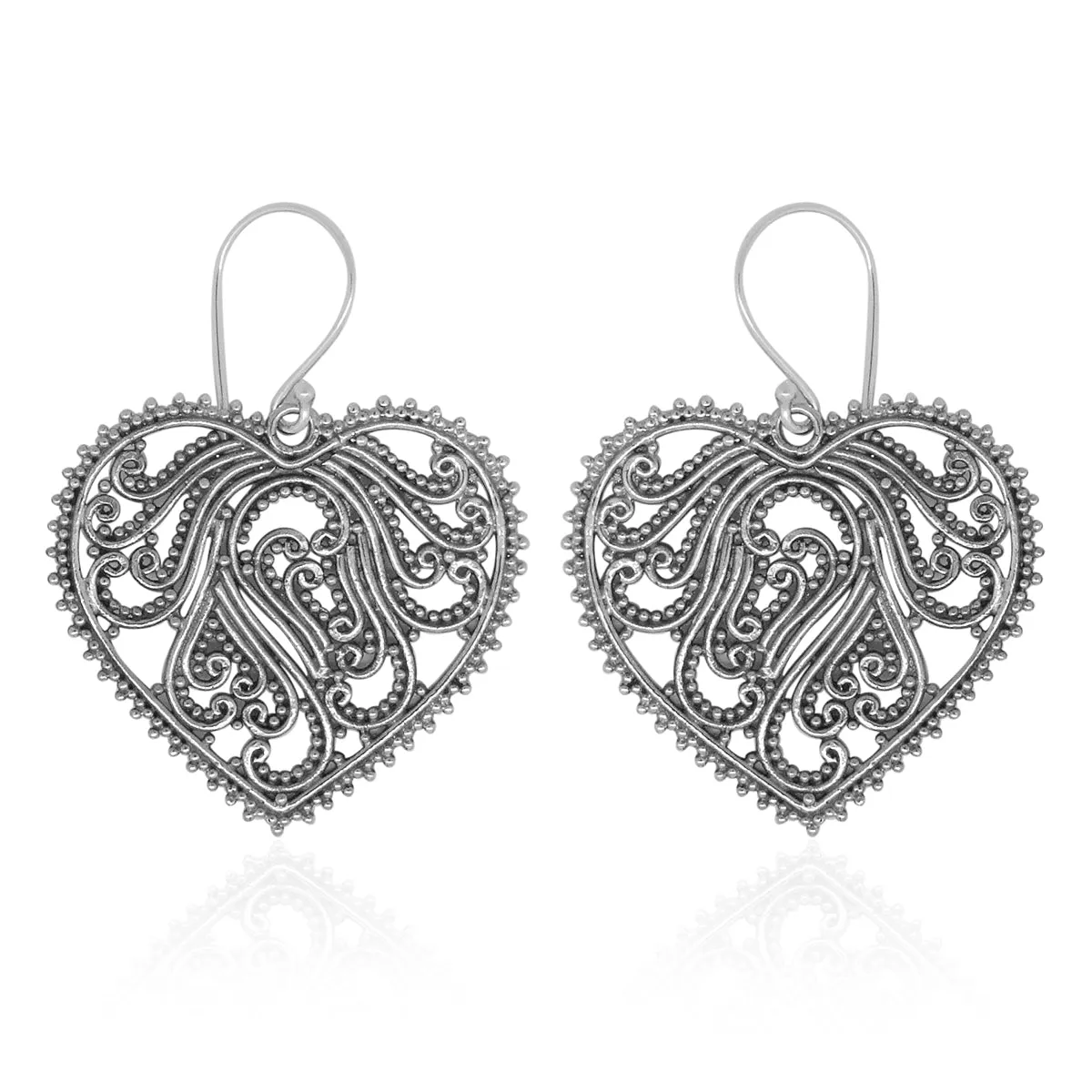 Handmade Sterling Silver Open Scroll and Filigree Work Dangle Heart Earrings From Bali
