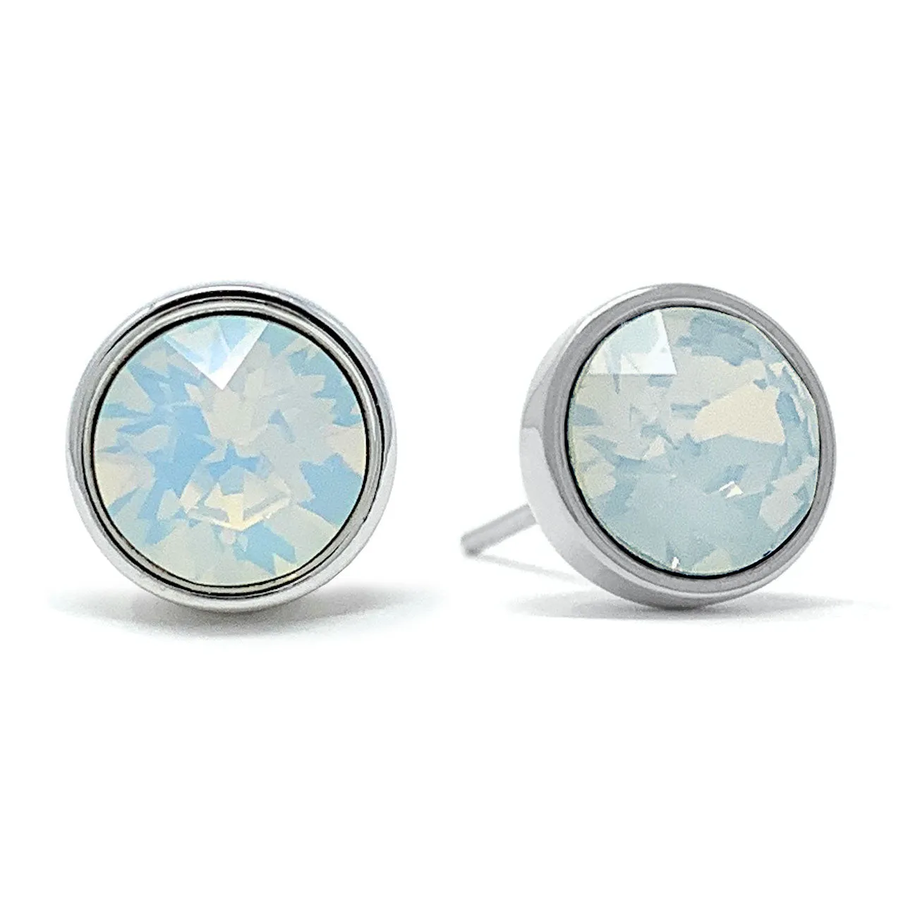 Harley Stud Earrings with Ivory White Round Opals from Swarovski Silver Toned Rhodium Plated