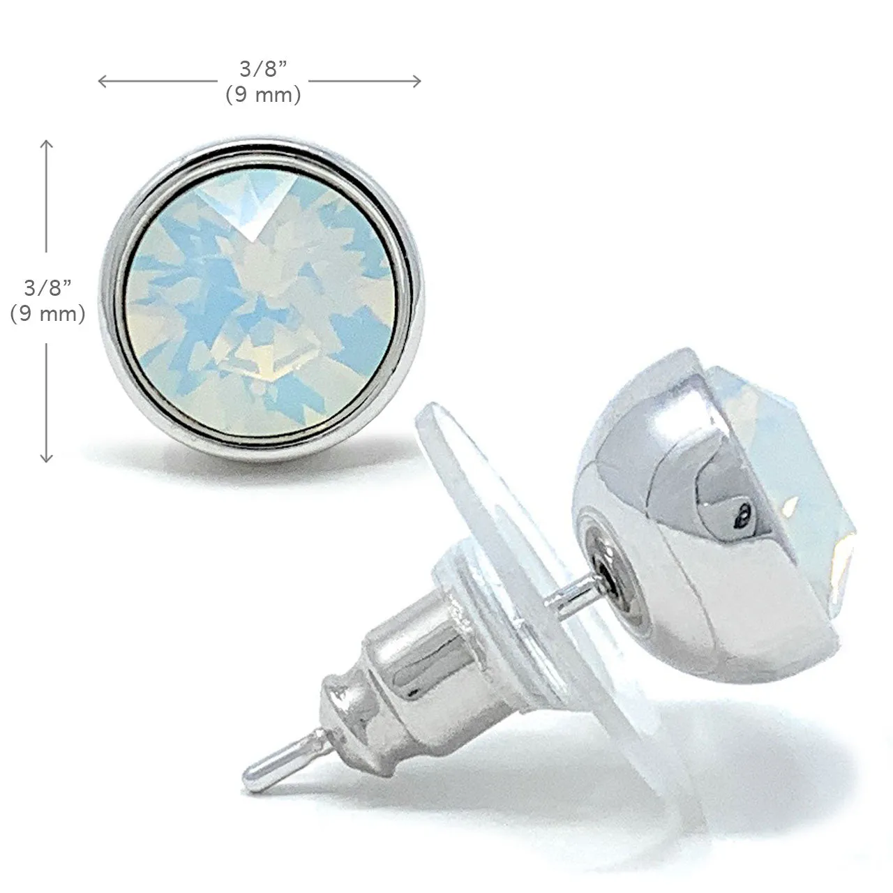 Harley Stud Earrings with Ivory White Round Opals from Swarovski Silver Toned Rhodium Plated